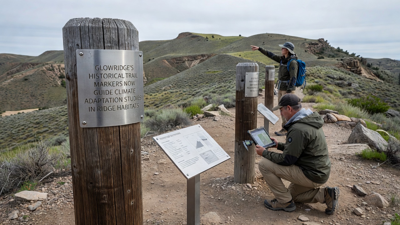 Researchers recording habitat data at a Glowridge trail marker during climate adaptation fieldwork